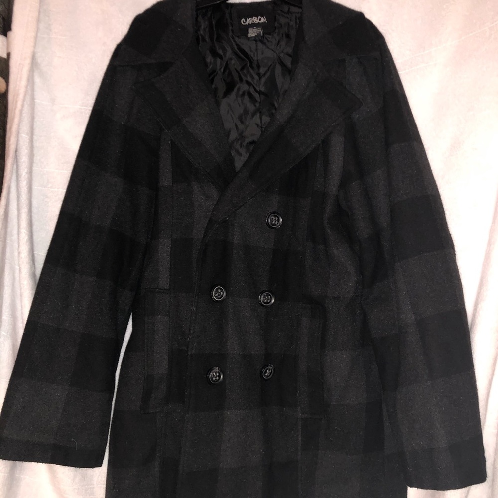 Men’s XL Gray/Black Plaid Peacoat Jacket
